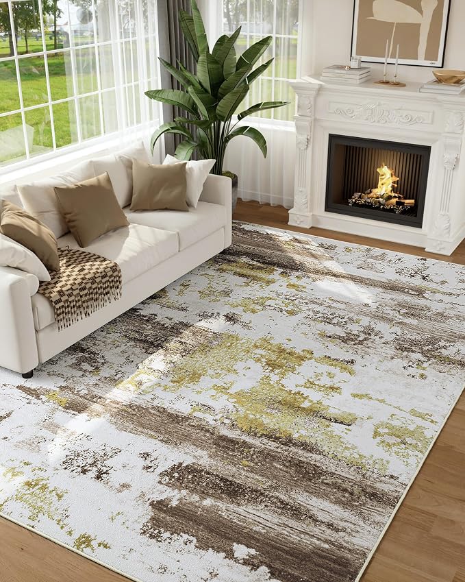 Kelarea Washable Area Rug for Living Room, 6x9 Non Slip Modern Abstract Brown Rugs, Easy Clearning Low Pile Large Carpet for Bedroom, Dining Room, Nursery, Office
