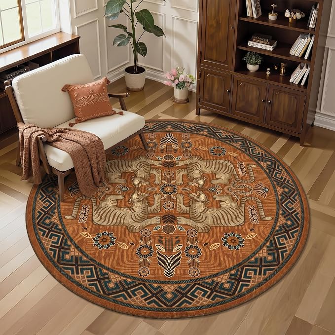 GarveeHome Tiger Round Area Rugs for Bedroom, 5ft Boho Orange Animal Print Circle Rugs Non Slip, Washable Vintage Tribal Floor Carpet for Dining Room Entryway Nursery Playroom Office