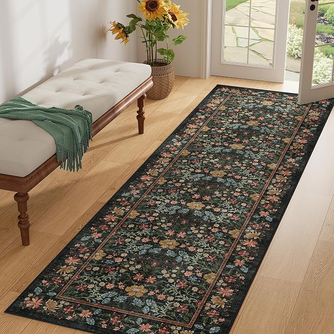 DUKINO 2x10 Runner Rug, Washable Vintage Floral Kitchen Rug, Black | Non Slip, Low Pile, Non-Shedding, Stain Resistant Soft Long Runner Carpet for Hallway, Bathroom, Bedroom, Entryway, Farmhouse