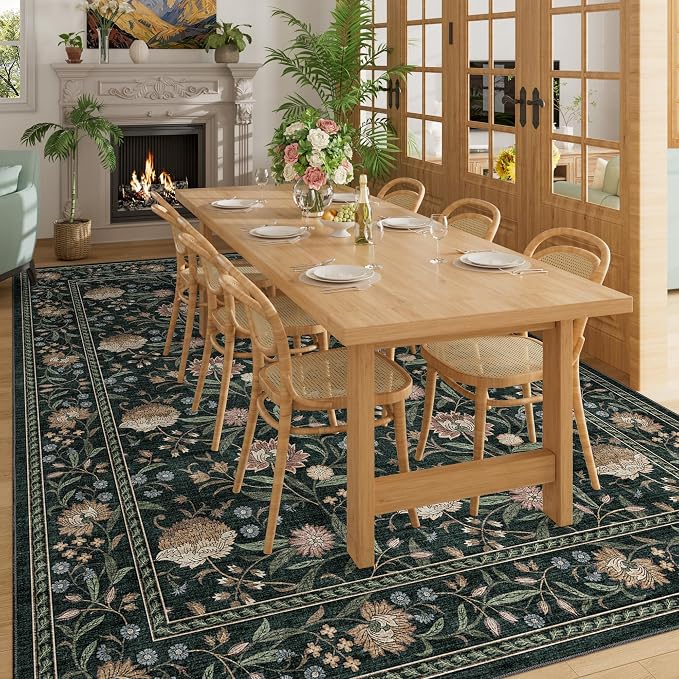 DUKINO 6x9 Area Rug Vintage Floral Washable Rugs for Living Room Dark Green | Non Slip, Low Pile, Non-Shedding, Stain Resistant Soft Large Carpet for Bedroom Home Office Dining Room Farmhouse, Home Decor