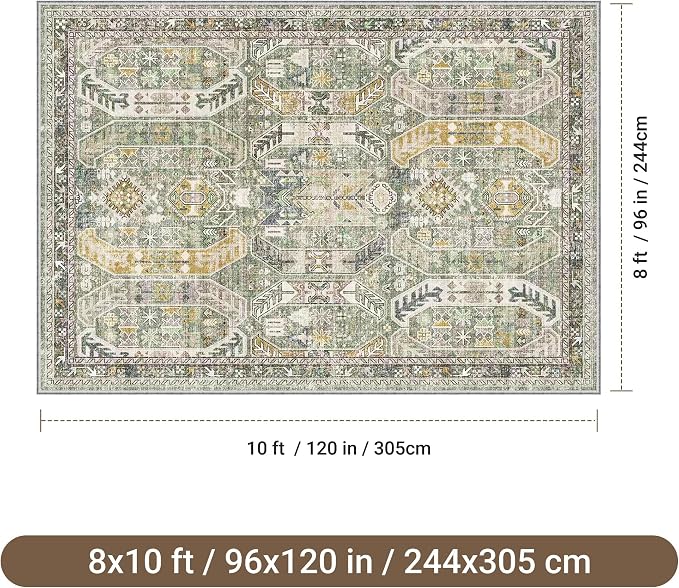 befbee Washable Rug 8x10 Area Rugs for Living Room - Stain Resistant Non-Slip Backing Rugs for Bedroom - Vintage Large Area Rug (Green/Gold, 8'x10')