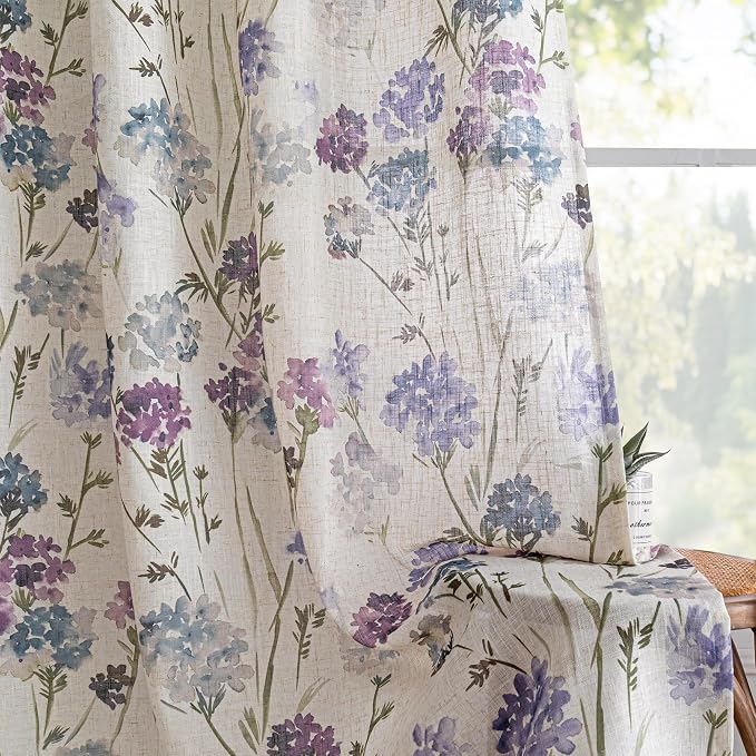 MYSKY HOME Floral Linen Curtains 90 inch Length 2 Panels Set for Living Room Patterned Semi Sheer Light Filtering Privacy Farmhouse Grommet Drapes for Bedroom Small Window, 52" Wide Each Panel, Purple