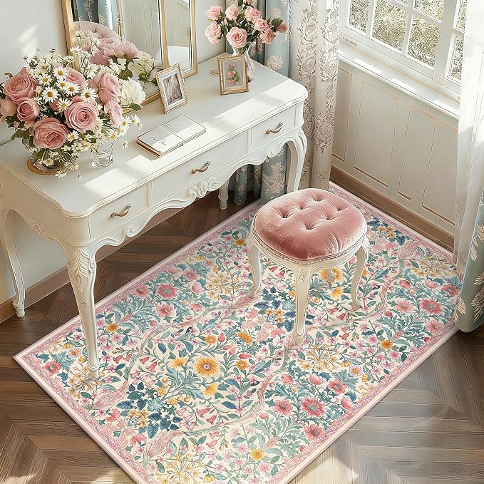 4x6 Pink Floral Boho Area Rug,Low-Pile Stain Resistant Non-Slip Machine Washable Carpet for Living Room,Bedroom, Kitchen,Entryway,Dining Room, Nursery
