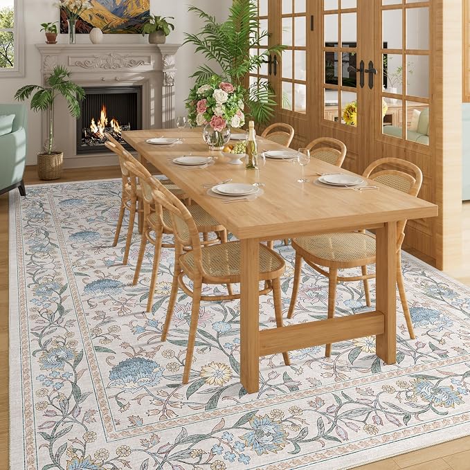 DUKINO 9x12 Area Rug for Living Room Vintage Floral Washable Rug Cream Blue | Non Slip, Low Pile, Non-Shedding, Stain Resistant, Aesthetic Soft Indoor Large Carpet for Bedroom Dining Room Farmhouse