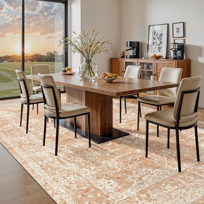 Madane 9x12 Area Rugs for Living Room, Machine Washable Vintage Rug with Non-Slip Backing, Soft Floral Print Large Throw Rugs, Thin Carpet for Bedroom Dining Room Farmhouse (9 x 12, Jasper Orange)