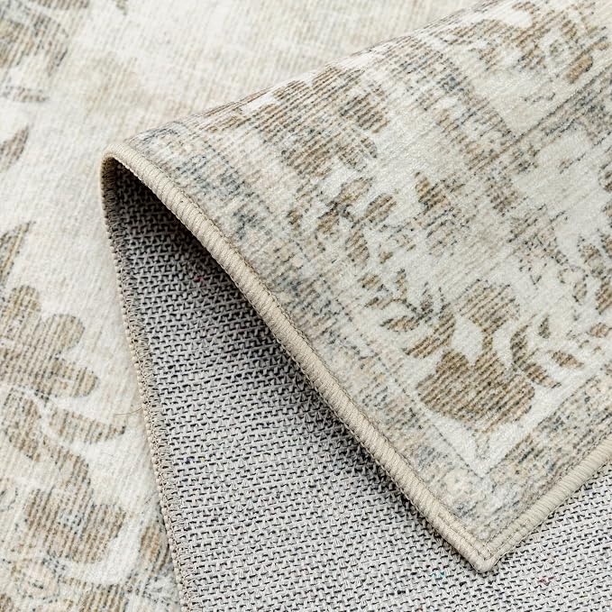 PureCozy 2x8 Runner Rug Beige Washable Hallway Kitchen Bedroom Vintage Distressed Bathroom Non Slip Medallion Floral Carpet Indoor Retro Throw Floor Mat for Office Dining Laundry Living Room