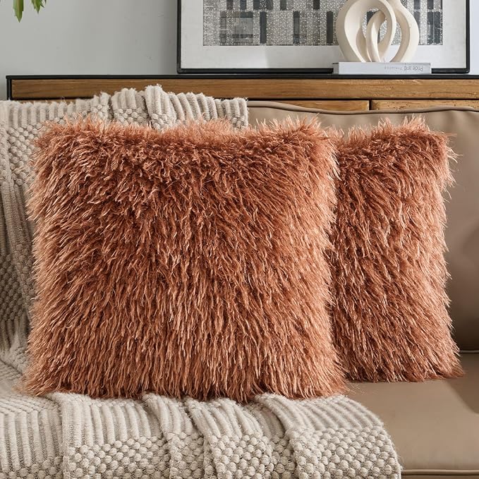 FUTEI Pack of 2 Shaggy Mongolian Faux Wool Throw Pillow Covers 18x18 Inch Soft Fluffy Farmhouse Decorative Cushion Case for Couch Bed Living Room, Rust