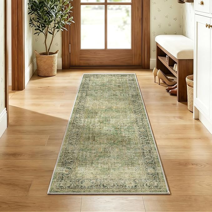 Beauoop 2x6 Hallway Runner Rug Washable Green Vintage Retro Distressed | Non Slip Low Pile Oriental Soft Thin Indoor Carpet Rug Entryway Entrance Kitchen Laundry Bedroom Bathroom Bedside