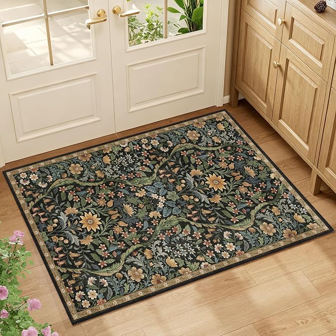 Floral 2x3 Entryway Rug,Washable Front Door Mat Indoor Non Slip Low Pile Small Carpet, Soft Black Brown Boho Botanical Throw Rug for Bathroom Bedroom Kitchen Laundry Indoor Entrance