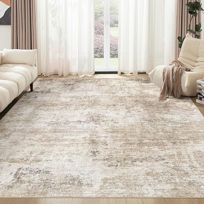 Abstract 6x9 Area Rug: Machine Washable Non Slip Ultra Thin Low-Pile Carpet, Soft Stain Resistant for Living Room Bedroom Nursery, Kid Pet Friendly, Robot Vacuum Compatible - Brown