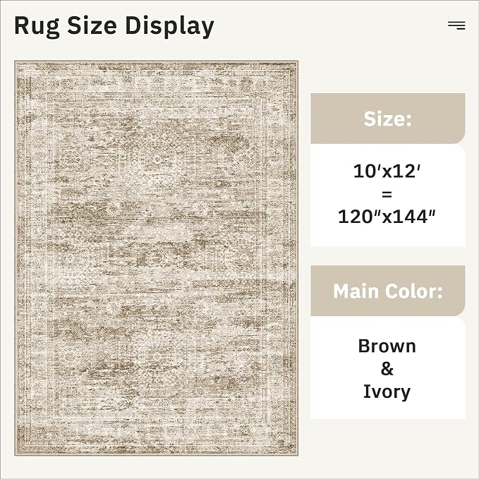 Soalmost Area Rug 10x12 Vintage Washable Living Room Large Carpet Non Slip Bedroom Indoor Office Dining Room Low Pile Thin Rug Brown