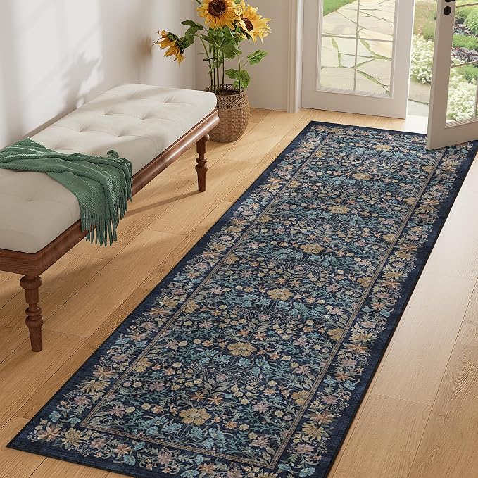 DUKINO 2.6x8 Runner Rug, Washable Vintage Floral Kitchen Rug, Dark Blue | Non Slip, Low Pile, Non-Shedding, Stain Resistant, Soft Throw Carpet Runner for Hallway Bathroom Laundry Entryway Farmhouse