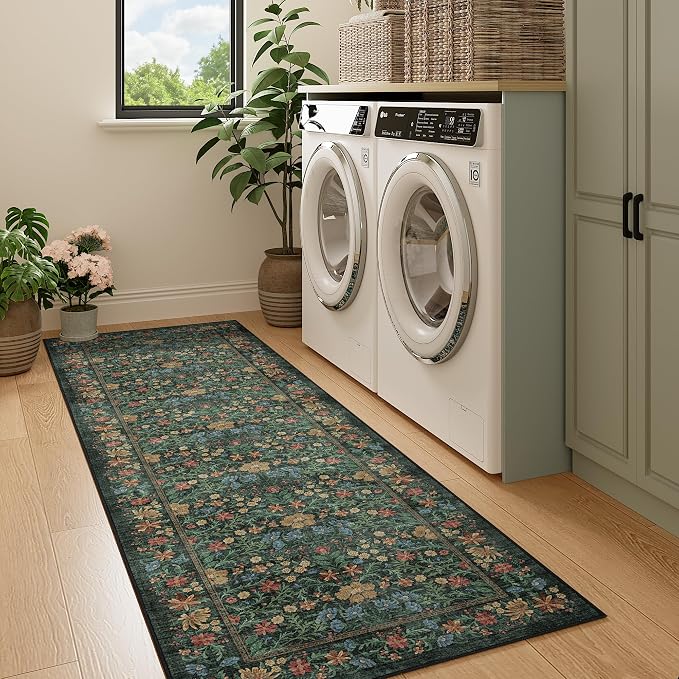 DUKINO 2x6 Runner Rug, Washable Vintage Floral Kitchen Rug, Green | Non Slip, Low Pile, Stain Resistant Boho Soft Throw Carpet Runner for Hallway Bathroom Laundry Bedroom Entryway, Non-Shedding