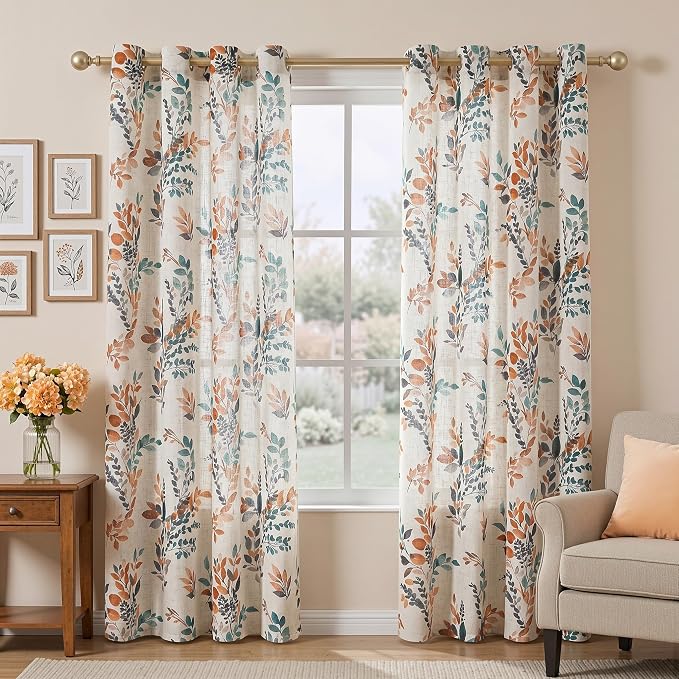 MYSKY HOME Floral Linen Curtains 90 inch Long 2 Panels Set Leaf Patterned Semi Sheer Light Filtering Privacy Farmhouse Grommet Drapes for Living Room Bedroom, 52" Wide Each Panel, Burnt Orange