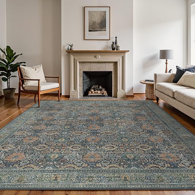 BESBLEE 6X9 Area Rugs Machine Washable Rugs for Living Room, Vintage Boho Large Rugs for Bedroom Dining Room, Non Slip Indoor Soft Distressed Lightweight Thin Low Pile Carpet, Beige Blue Grey