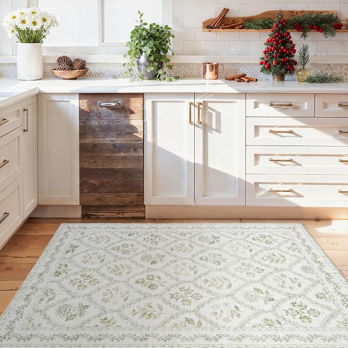 TWODRAPES Green and Beige Small Area Rug 4x6 for Living Room Machine Washable Area Rug for Indoor Kitchen Bedroom Low Pile Vintage Poppy Floral Print for Dining Room Foldable Non-Slip Sage