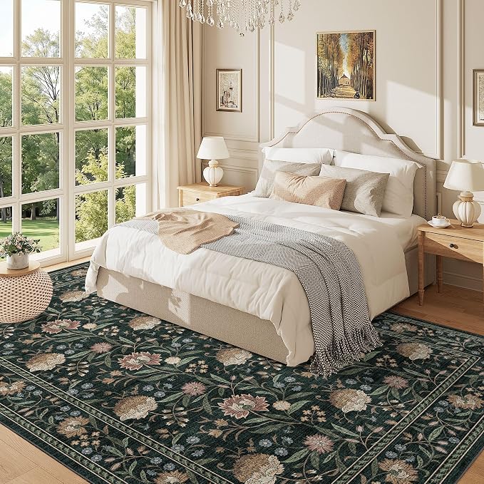DUKINO 6x9 Area Rug Vintage Floral Washable Rugs for Living Room Dark Green | Non Slip, Low Pile, Non-Shedding, Stain Resistant Soft Large Carpet for Bedroom Home Office Dining Room Farmhouse, Home Decor