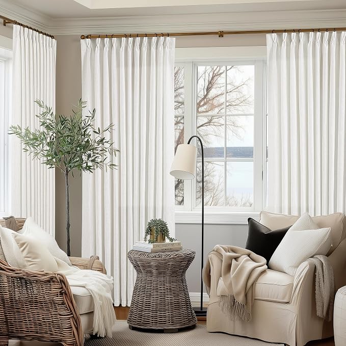 TWODRAPES Extra Wide Linen Curtains 102 Inches Long 70 Inch Wide for Living Room Bedroom Light Filtering Beige Off White Pinch Pleated Curtains Hooks Rings Back Tab for Sliding Door 1 Panel 70Wx102L