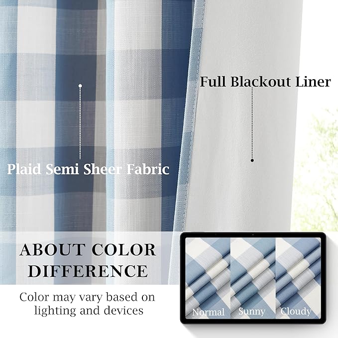 Dusty Blue Plaid Full Blackout Window Curtains 95 Inches Long | Farmhouse Geo Pattern Drape,Modern Energy Efficient Window Treatment for Bedroom Living Room,Rod Pocket Back Tabs,52"Wx95"Lx2