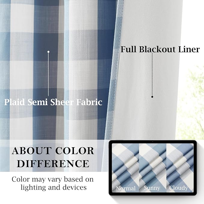 95 Inch Blackout Curtains for Farmhouse Bedroom Living Room | Buffalo Plaid Dusty Blue White Drapes,Thermal Insulated Noise Reducing Window Treatment,Back Tabs Rod Pocket,40"Wx95"Lx2