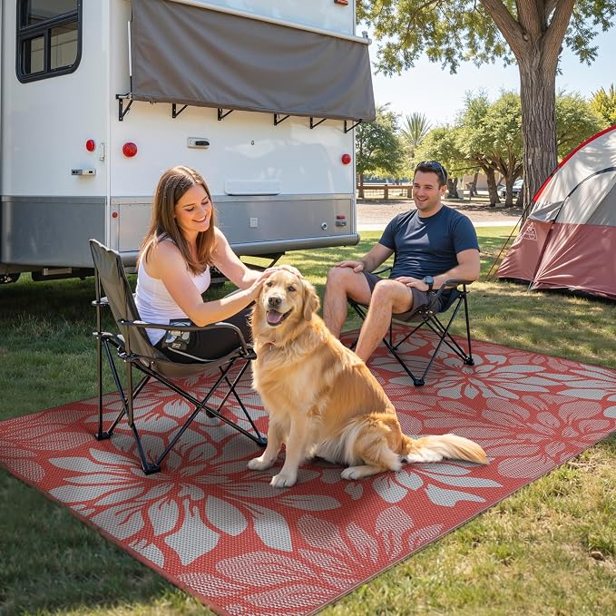 GENIMO Outdoor Rug, Waterproof Plastic Rugs for Patio, 6'x9' Red Grey | Outside Larger Leaf Carpet Mat for Porch Decor, Deck, Balcony, Camping, RV, Backyard, Picnic, Beach, Reversible, Foldable