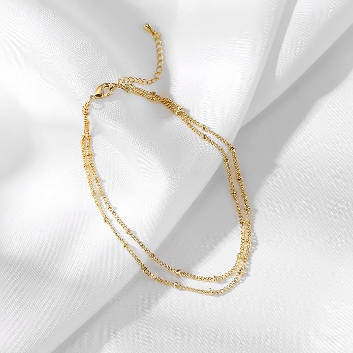 Pencros Dainty Layered Anklet,14K Gold Filled Cute Beads Satellite Chain Heart Boho Adjustable Anklets for Women