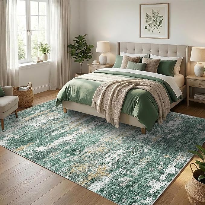 ROYHOME 8x10 Area Rugs Machine Washable Rug for Living Room Modern Abstract Carpet for Bedroom Farmhouse Indoor Large Floor Carpet with Non Slip Backing Stain Resistant Green