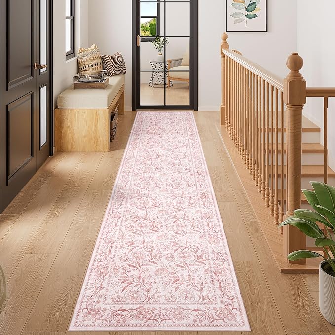 DUKINO 2x8 Runner Rug, Washable Vintage Floral Kitchen Rugs, Light Pink | Non Slip, Low Pile, Stain Resistant Aesthetic Soft Carpet Runner for Hallway Bathroom Entryway Bedroom Farmhouse Laundry Room