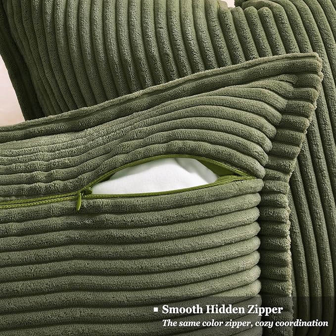 decorUhome Fall Corduroy Olive Green Throw Pillow Covers 18x18 Set of 2 | Couch Decorative Soft Modern Boho Farmhouse Pillow Covers Broadside Striped Pillow Cases for Living Room Bed Sofa