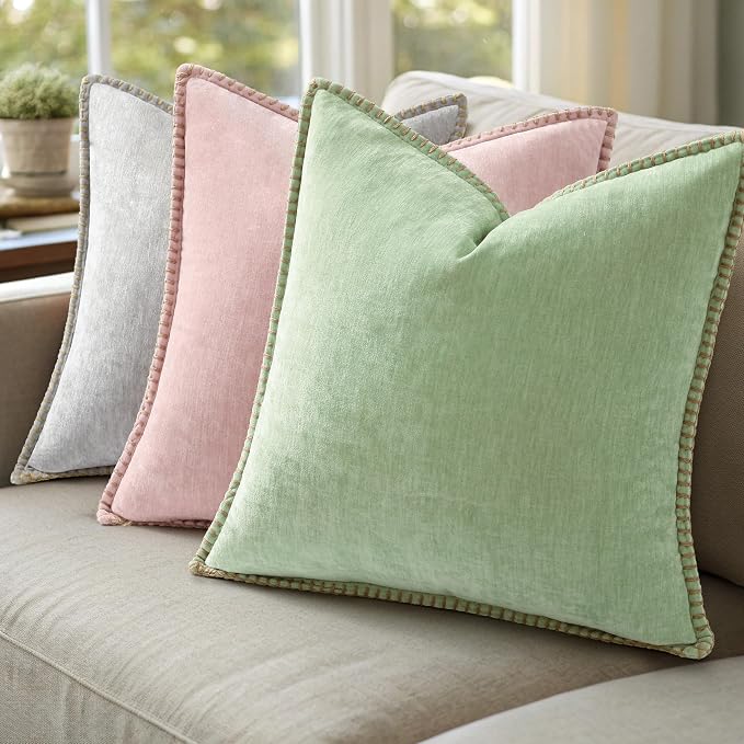 decorUhome Soft Chenille Throw Pillow Covers 22x22 Set of 2 Sage Green | Fall Textured Decorative Throw Pillow Cases Stitched Edge Modern Farmhouse Luxury Boho Velvet for Couch Sofa Bed Home Decor