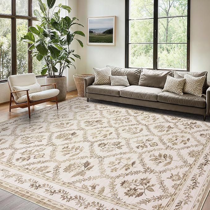 TWODRAPES Tan and Brown Boho Living Room Rug 8x10 Area Rug for Bedroom Farmhouse Distressed Floral Farmhouse Counrty Soft Washable Low Pile Non Slip Large Beige Tan Dining Room 8 by 10 Ft