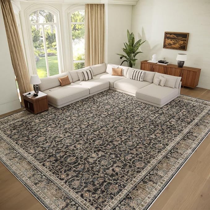 Boho Washable 9x12 Area Rugs for Living Room, Cushioned, Black/Navy Blue | Vintage Non-slip Neutral Oriental Rugs for Bedroom Dining Room Nursery Office High Traffic Area