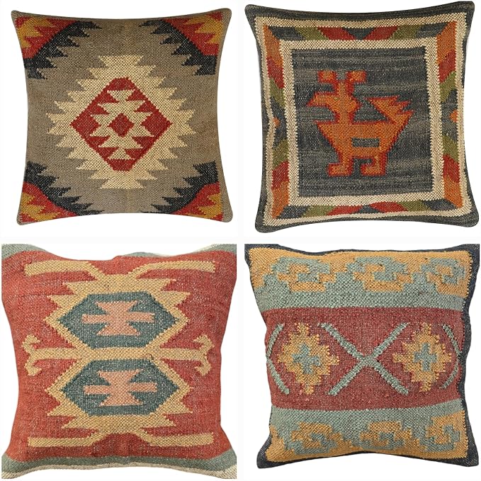 Kilim Pillow Cover Set of 4, 18 x 18 inches Wool Jute Cushion Cover, Handwoven Boho Vintage Decorative Throw Pilllow Case for Living Room & Bedrooms (D4-Set of-4)