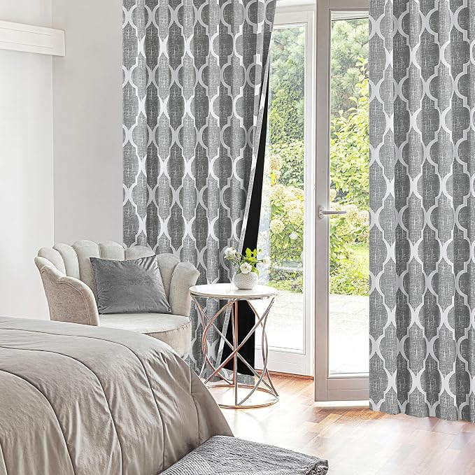 Beauoop Moroccan 100% Blackout Curtains Bedroom Grey 50x84 2 Panels | Geometric Room Darkening Drapes for Living Room 84 Inch Long Thermal Insulated Soundproof Lattice Window Treatment Rod Pocket