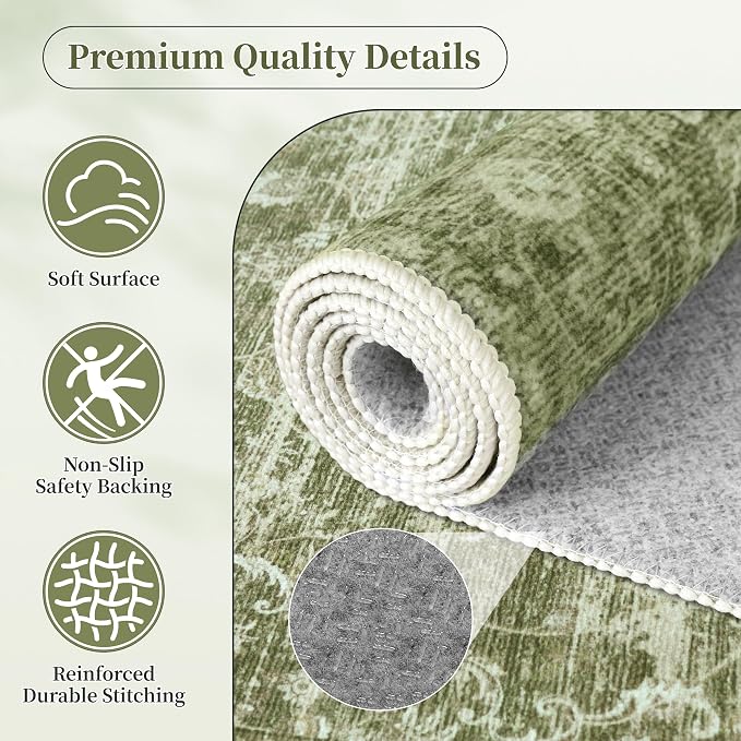 Living Room Rug, Vintage Medallion 6x9 Area Rugs for Dining Room and Bedroom, Washable Low Pile Sage Green Rug with Non-Slip Silicone Backing, Non-Shedding Stain Resistant