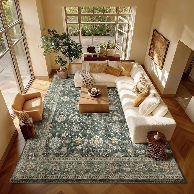 Boho Washable 8x10 Area Rugs for Living Room, Cushioned, Sage Green | Vintage Non-slip Neutral Oriental Rugs for Bedroom Dining Room Nursery Office High Traffic Area