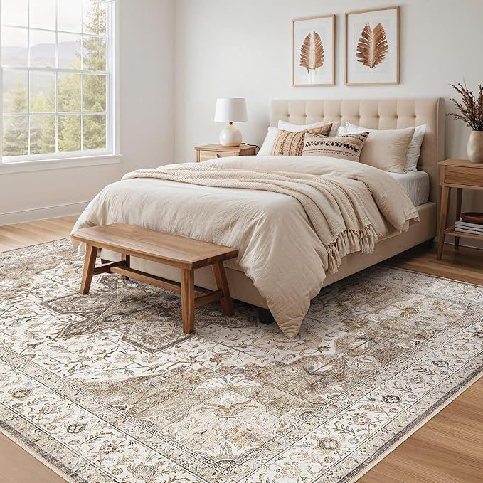 Tortania Area Rug Living Room Rugs - 10x14 Washable Boho Rug Vintage Oriental Distressed Farmhouse Large Thin Indoor Carpet for Living Room Bedroom Under Dining Table Home Office - Brown