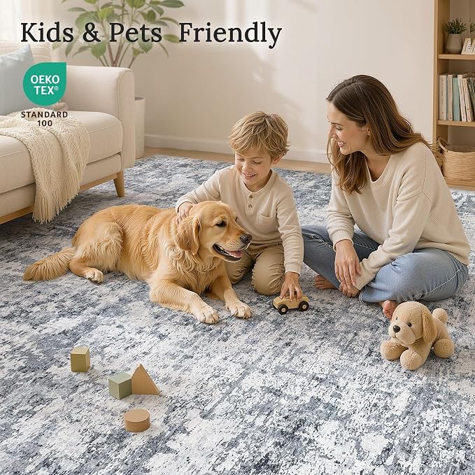 cotiled Washable Area Rug 7x9, Non-Slip Soft Neutral Rug for Living Room | Modern Abstract Carpet, Stain Resistant and Kid & Pet Friendly, Ideal For Bedroom, Dining Room, Nursery, Office - Blue/Gery
