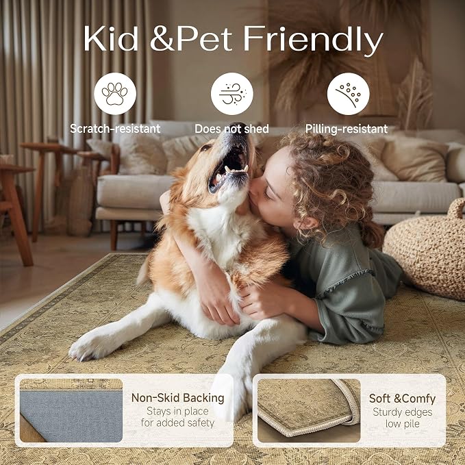 HUGEAR 8x10 Machine Washable Area Rugs Vintage Brown - Neutral Living Room Bedroom Rug Non Slip Stain Resistant Low Pile Aesthetic Throw Carpet Kids & Pet Friendly