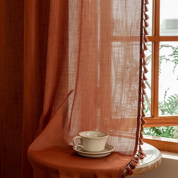 MYSKY HOME Boho Terracotta Tassel Curtains 84 Inches Long for Bedroom Living Room, Semi Sheer Light Filtering Bohemian Burnt Orange Curtains & Drapes for Sliding Door Privacy Farmhouse, 2 Panels