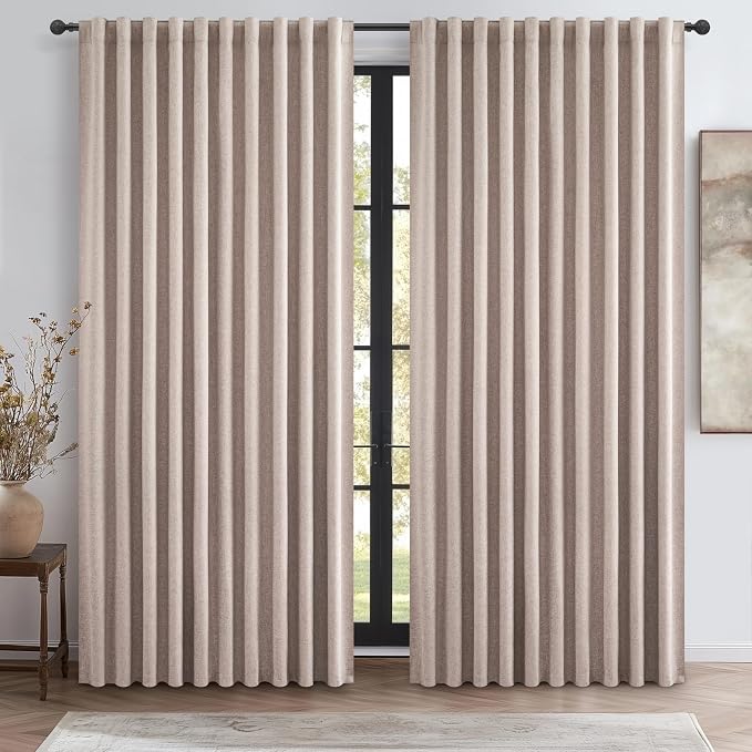 Extra Wide 70 Inch Blackout Curtains 96 Inches Long for Living Room, Rustic Boho Room Darkening Textured Linen Pleated Dining Room Insulated Ceiling Track Window Drapes 70"W x 96"L 2 Panels
