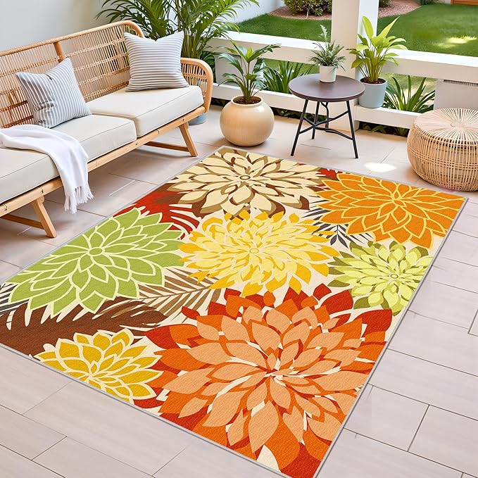 Colorful 4x6 Outdoor Area Rug Washable Rugs Multicolored Patio Rug Tropical Botanical Floral Chenille Outdoor Carpet Non Slip for RV, Pool Deck, Backyard, Porch, Orange