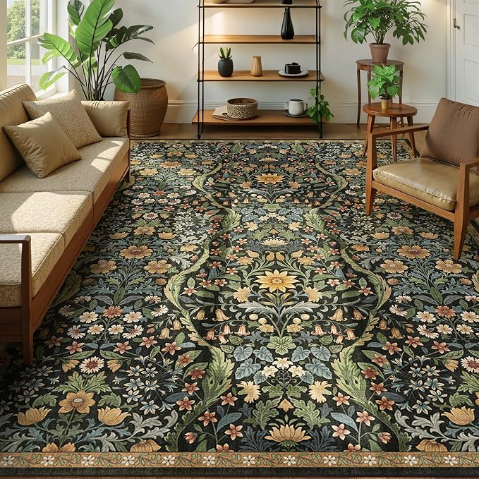 9x12 Black Brown Vintage Floral Area Rug,Washable Large Boho Living Room Rugs,Botanical Print Non-Slip Stain Resistant Lightweight Carpet for Bedroom Dining Room Nursery