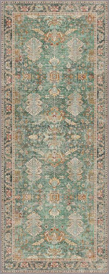2x5 Hallway Runner Rugs Non Slip Washable Runner for Entryway Bathroom Kitchen Bedroom, Boho Green Runner, Thin Low Pile Chenille Carpet with Rubber Backing, Dark Sage/Gold