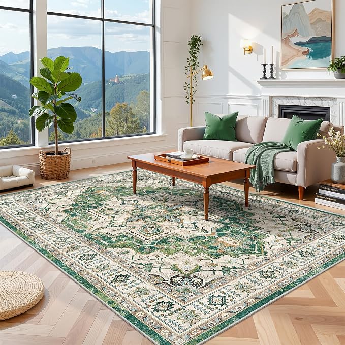 zesthome 6x9 Area Rugs, Machine Washable Rugs for Living Room, Bedroom,Stain Resistant Vintage Large Area Rug,Non-Slip Medallion Pattern Home Decor Rugs (Green,6'x9')