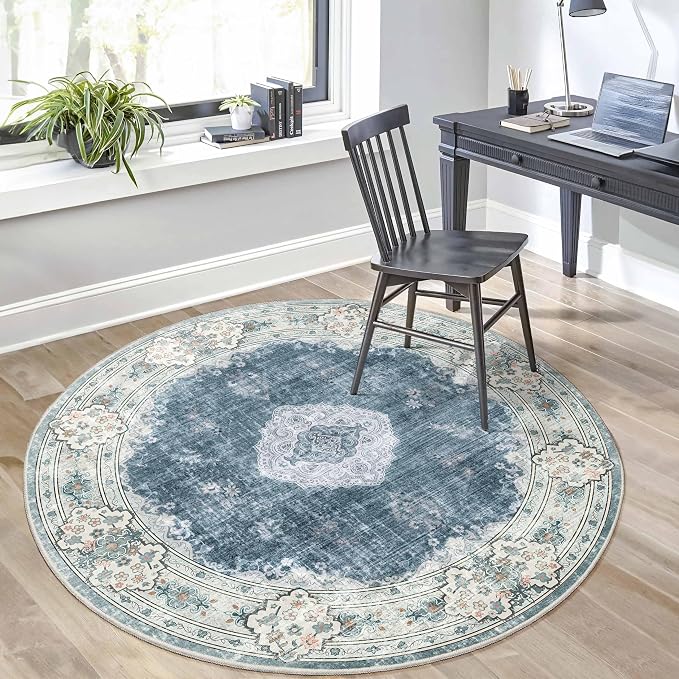 MUJOO Blue Round Rug 5ft,Circle Washable Area Rug Non Slip Low-Pile Floral | Circular Rugs for Bedroom Living Room Dining Room Bathroom Large Throw Carpet Soft Indoor Vintage Flowers Blue and Grey