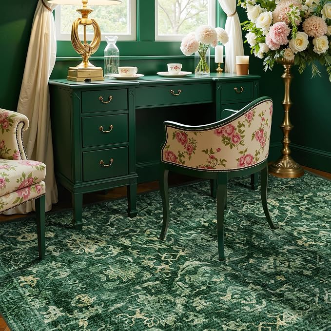 Dark Green Vintage Area Rug 3x5 for Living Room Bedroom, Washable Distressed Farmhouse Soft Thin Non-Shedding Indoor Throw Rug, Traditional Accent Carpet for Bedroom Office