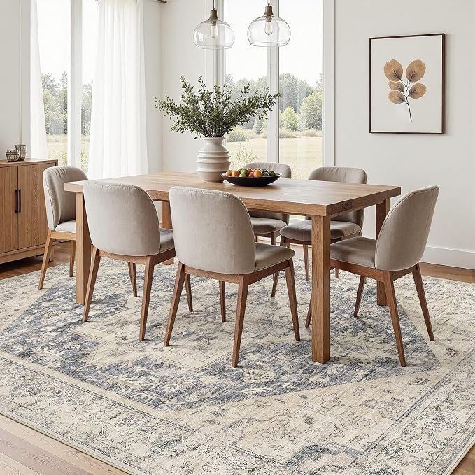 6x9 Area Rugs for Living Room - Large Carpet Ultra Thin Soft Washable Oriental Vintage Floral Distressed Big Indoor Carpets for Bedroom Nursery Dorm Home Decor Aesthetic - Blue Beige