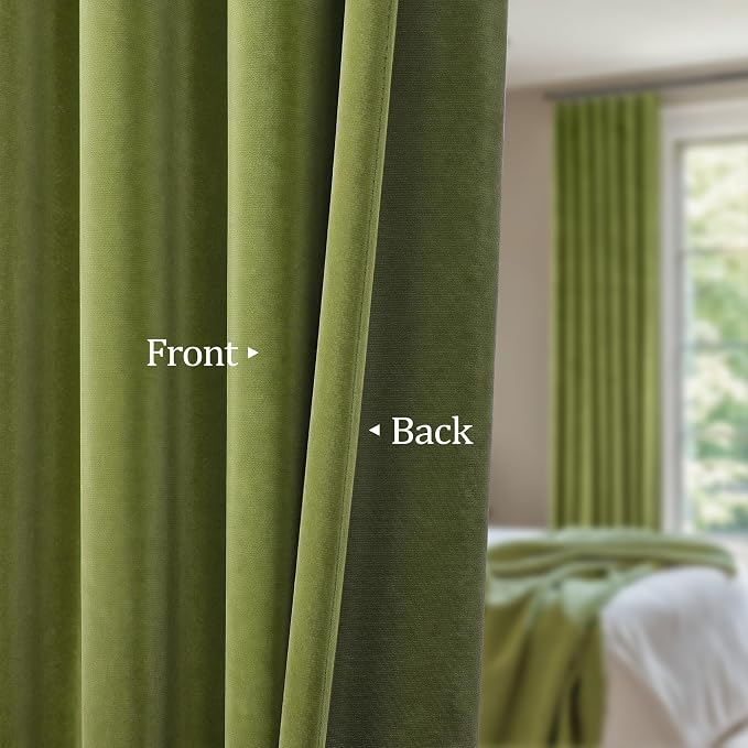 Chartreuse Moss Green Velvet Curtains for Bedroom 96 Inches Long 2 Panels Maximalism Quirky Eclectic Vintage Bold Light Blocking Soundproof Thermal Drape for Living Room Mid Century Modern Psychedelic
