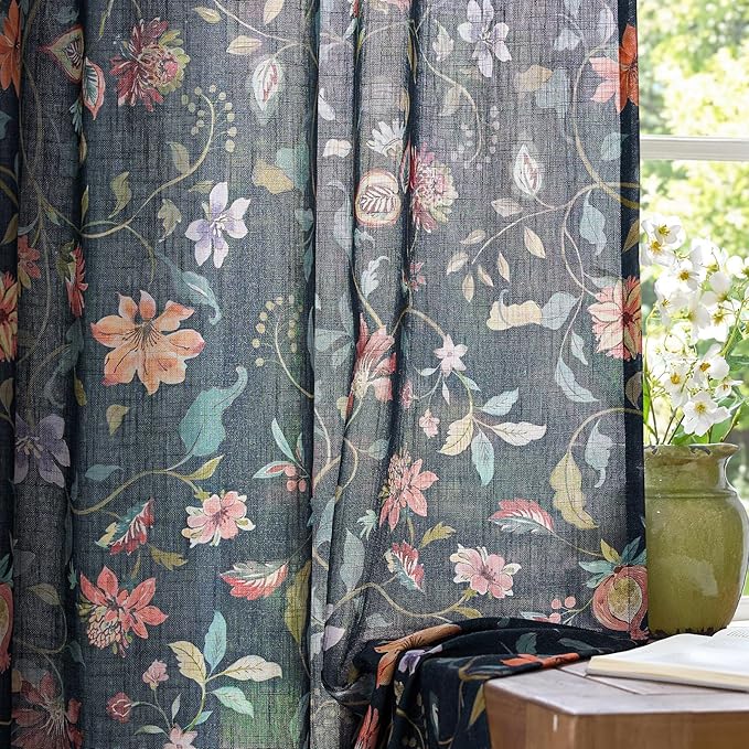 jinchan Dark Blue Floral Linen Curtains 84 Inch Vintage Back Tab 2 Panels | Farmhouse, cottage core, light filtering, semi sheer, drapes, privacy, living room, bedroom, window treatment, home decor